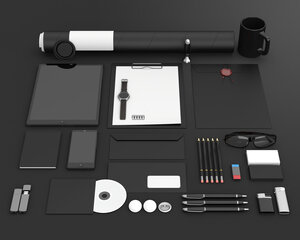 Set of blank stationery for branding identity on black background. 