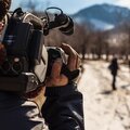 Man filming people walking through woods