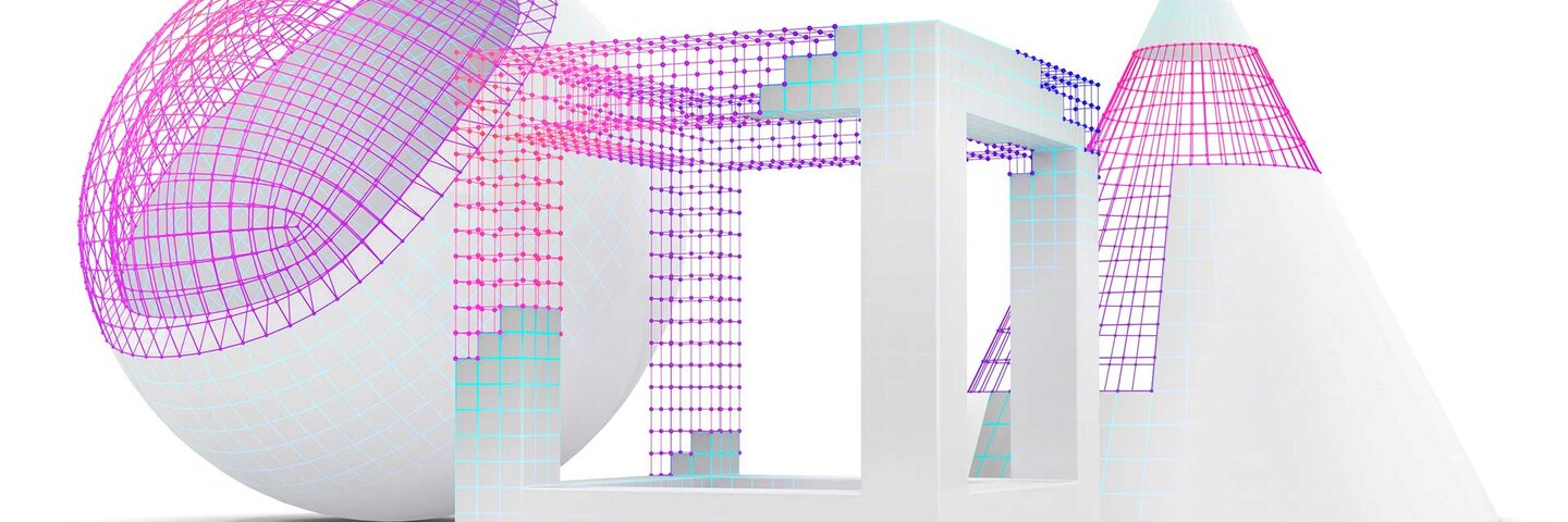 a set of three simple geometric objects with visible wireframe, illustration.