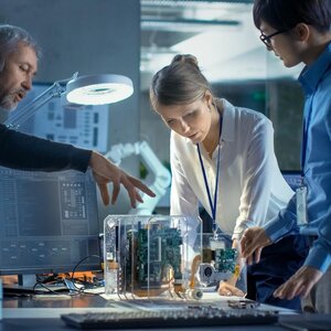 Team of Computer Engineers Lean on the Desk and Choose Printed Circuit Boards to Work with, Computer Shows Programming in Progress. In The Background Technologically Advanced Scientific Research Center.