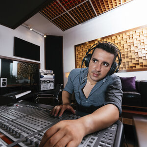 Male listening music headphones