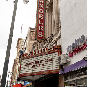 marquee and signage of the Los Angeles Theatre featuring uclax filmfest